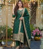 Women's green art silk printed straight kurta pant set with dupatta