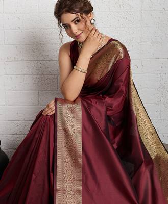 Maroon woven self design embellished silk blend banarasi saree with blouse 2