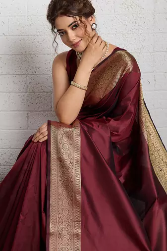 Maroon woven, self design, embellished pure silk banarasi saree with blouse