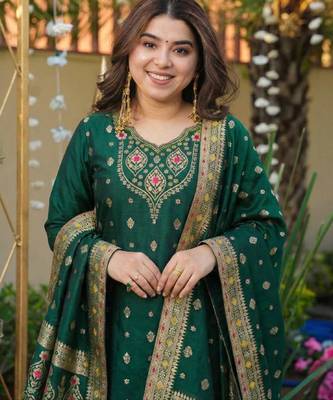 green art silk blend printed straight kurta pant set with dupatta 2