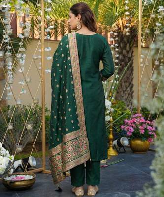 green art silk blend printed straight kurta pant set with dupatta 3
