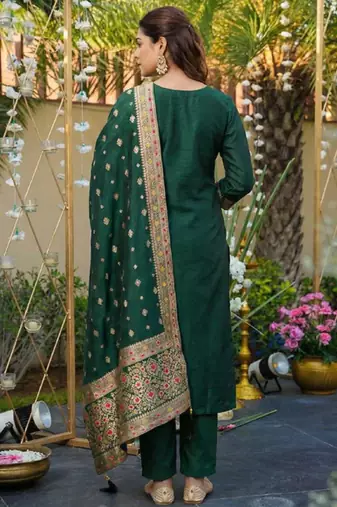 green art silk blend printed straight kurta pant set with dupatta