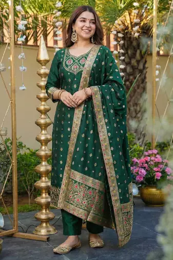 green art silk blend printed straight kurta pant set with dupatta
