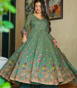 Women's green muslin floral printed anarkali style kurta set with dupatta