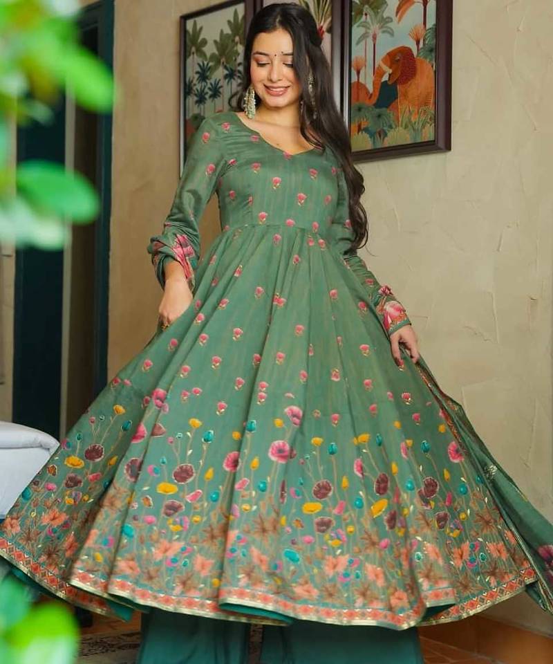 Women's green muslin floral printed anarkali style kurta set with dupatta