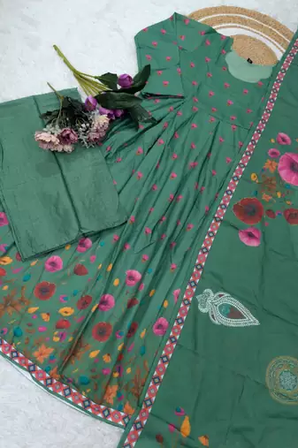 green muslin floral printed anarkali style kurta set with dupatta
