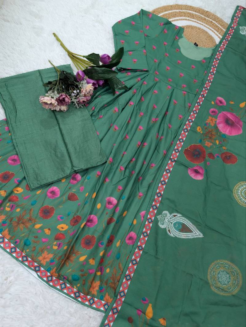 green muslin floral printed anarkali style kurta set with dupatta
