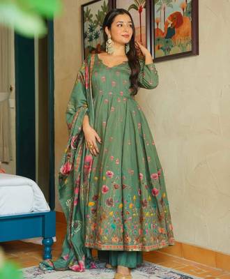 green muslin floral printed anarkali style kurta set with dupatta 4