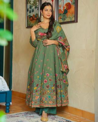 green muslin floral printed anarkali style kurta set with dupatta 5