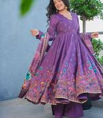 Women's purple muslin floral printed anarkali style kurta set with dupatta