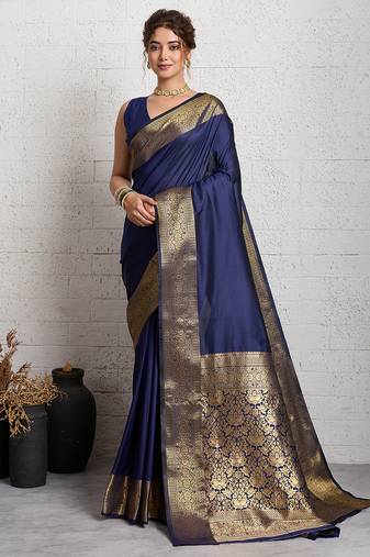 Navy blue woven, self design, embellished pure silk banarasi saree with blouse