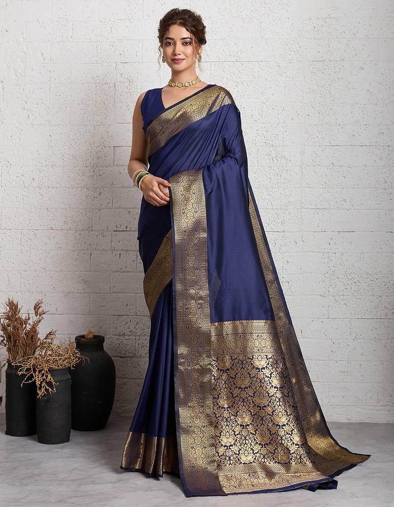 Navy blue woven, self design, embellished pure silk banarasi saree with blouse