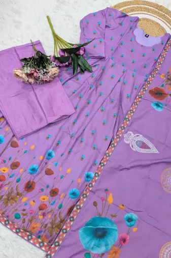 purple muslin floral printed anarkali style kurta set with dupatta