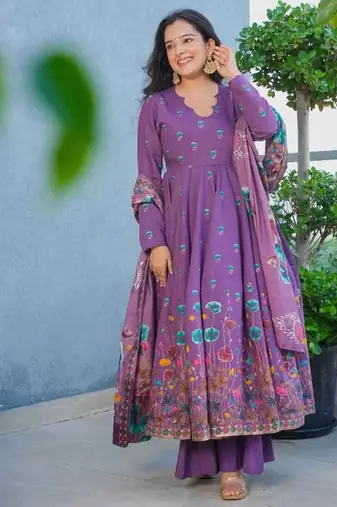 purple muslin floral printed anarkali style kurta set with dupatta