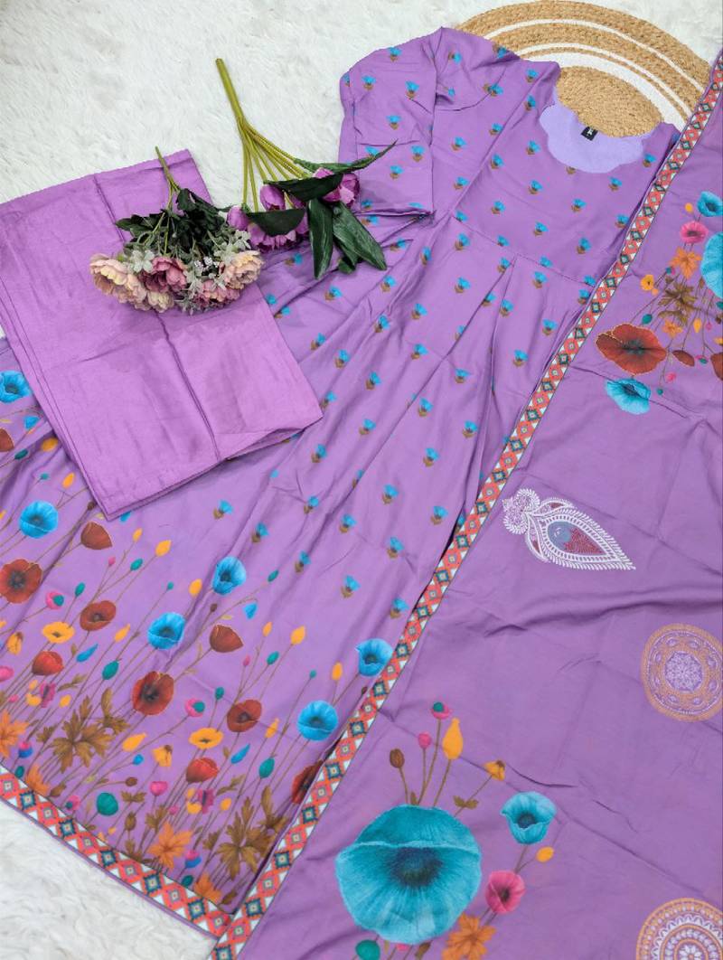 purple muslin floral printed anarkali style kurta set with dupatta