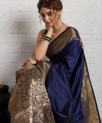 Navy blue woven self design embellished silk blend banarasi saree with blouse 2