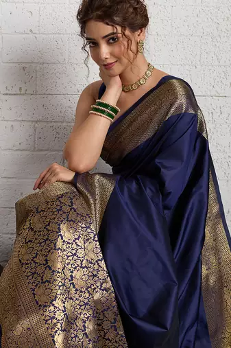 Navy blue woven, self design, embellished pure silk banarasi saree with blouse