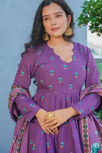 purple muslin floral printed anarkali style kurta set with dupatta