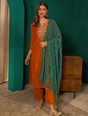 rust silk embroidered straight kurta pant set with dupatta 1