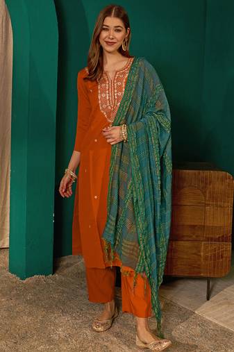Women's rust silk embroidered straight kurta pant set with dupatta