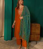 Women's rust silk embroidered straight kurta pant set with dupatta
