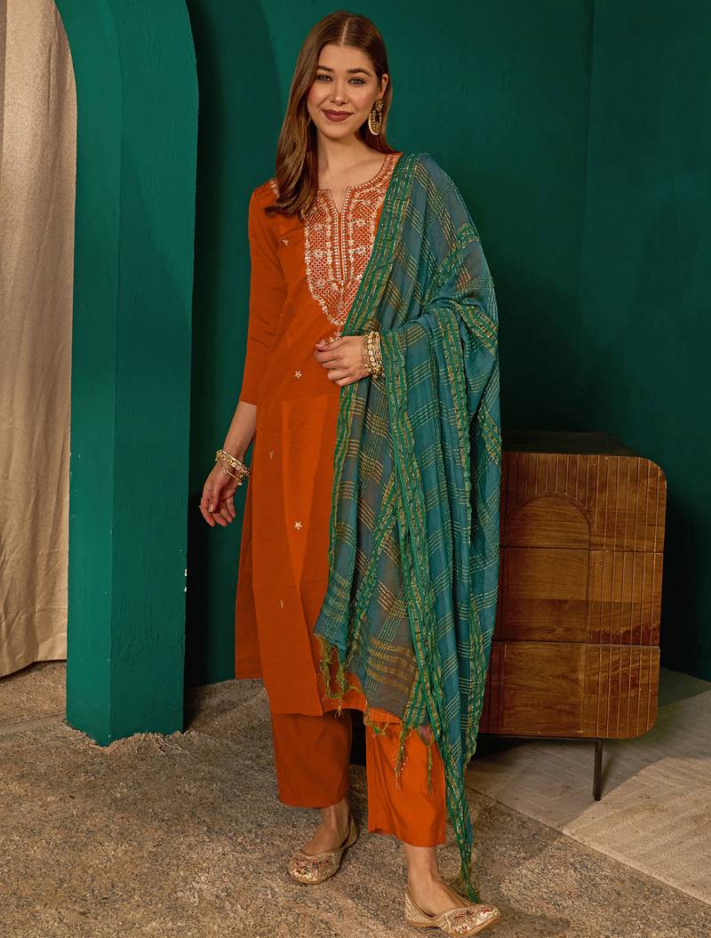 Women's rust silk embroidered straight kurta pant set with dupatta