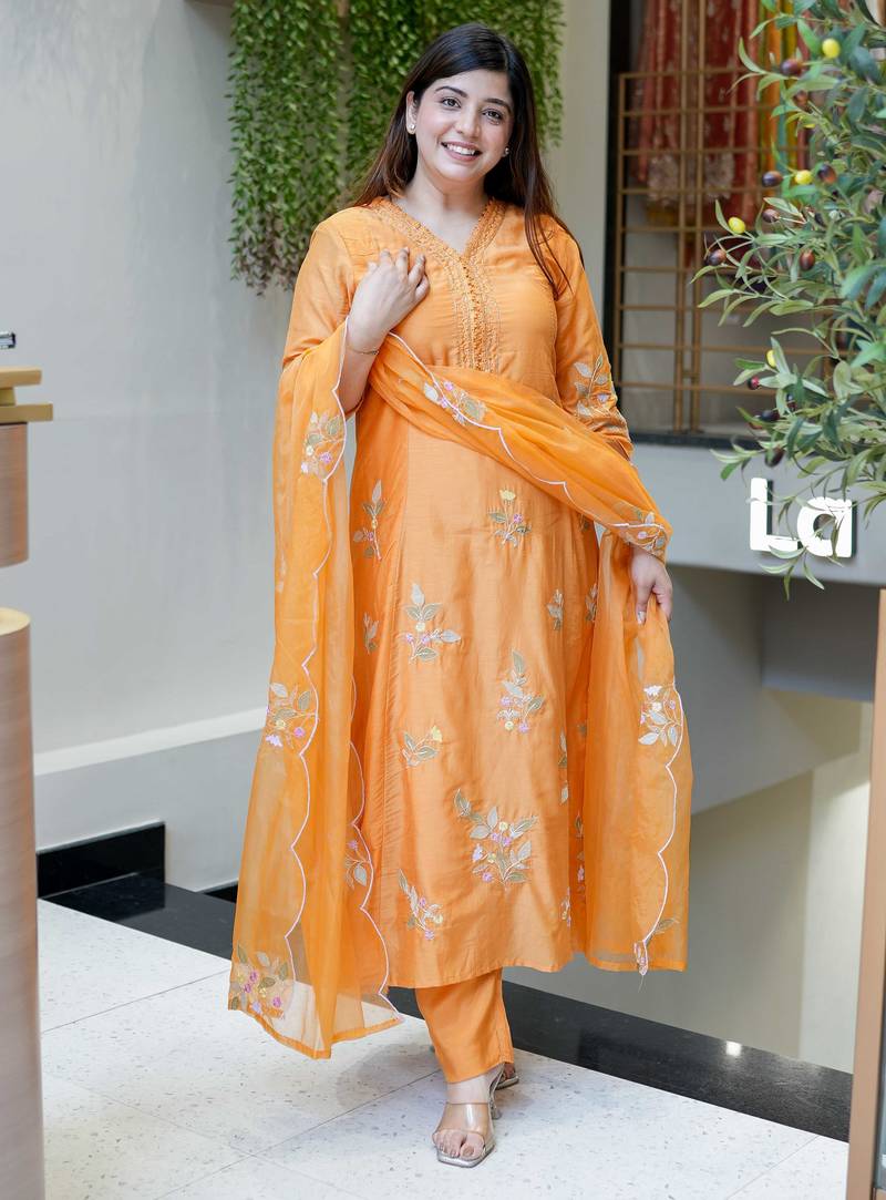 Women's orange embroidered muslin kurta pant set with organza dupatta