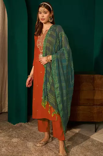 rust silk embroidered straight kurta pant set with dupatta