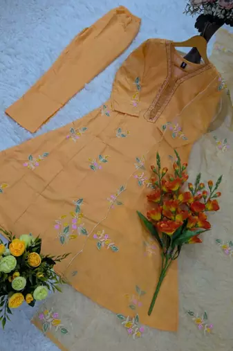 orange embroidered muslin kurta pant set with organza dupatta