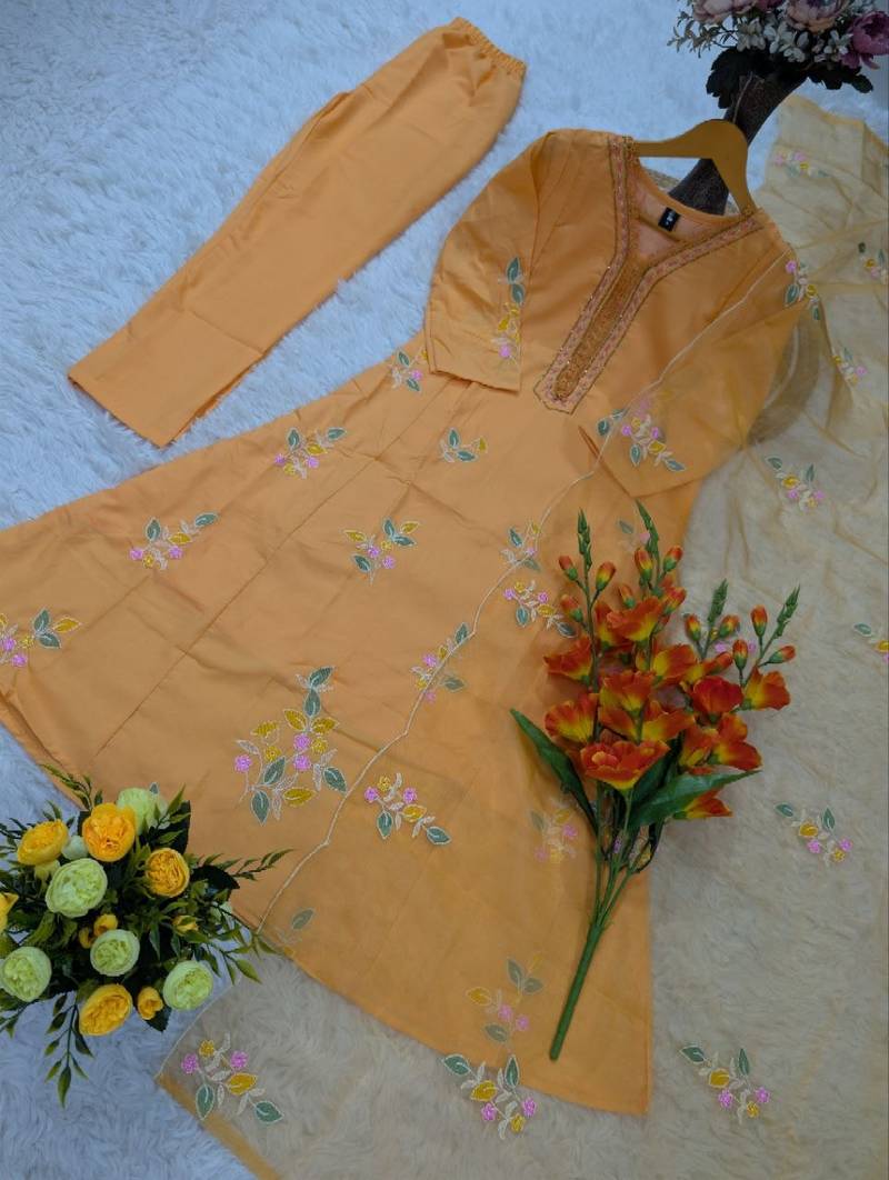 orange embroidered muslin kurta pant set with organza dupatta