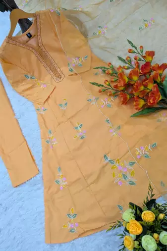 orange embroidered muslin kurta pant set with organza dupatta