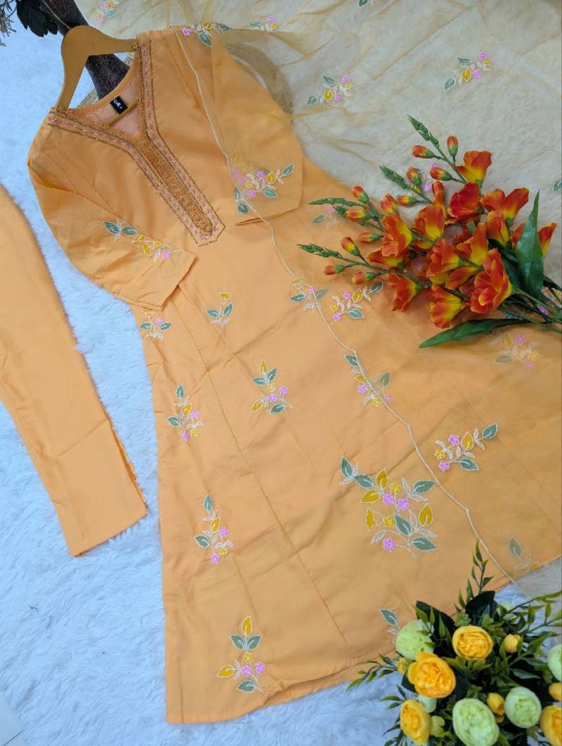 orange embroidered muslin kurta pant set with organza dupatta