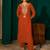 Women's rust silk embroidered straight kurta pant set with dupatta