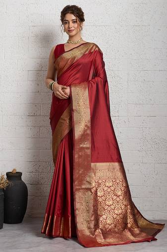 Red woven, self design, embellished pure silk banarasi saree with blouse