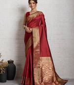 Red woven, self design, embellished pure silk banarasi saree with blouse