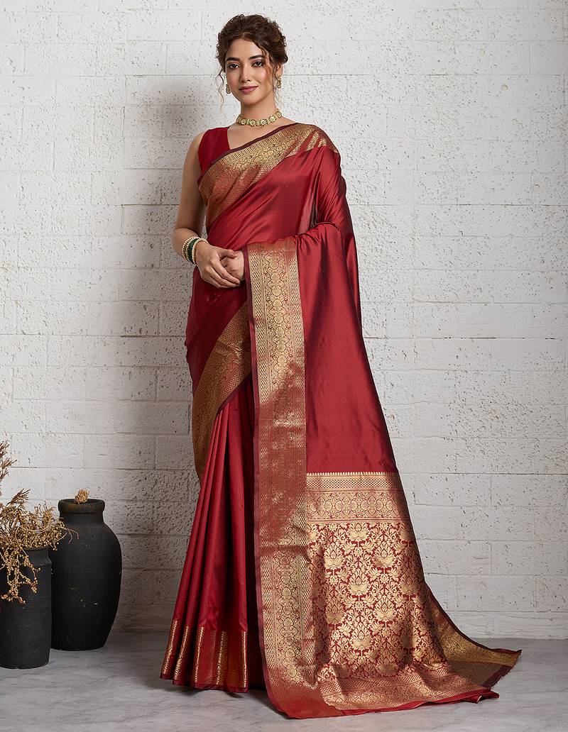 Red woven, self design, embellished pure silk banarasi saree with blouse