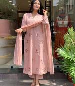 Women's peach embroidered chanderi straight kurta pant set with dupatta