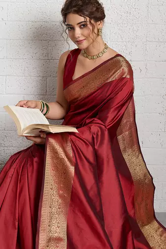 Red woven, self design, embellished pure silk banarasi saree with blouse