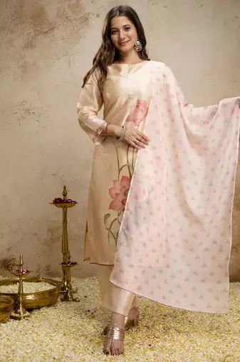 Women's assam silk floral printed straight kurta pant set with dupatta