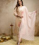 Women's assam silk floral printed straight kurta pant set with dupatta
