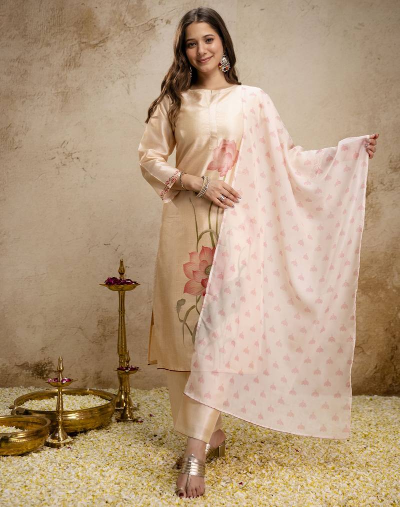 Women's assam silk floral printed straight kurta pant set with dupatta