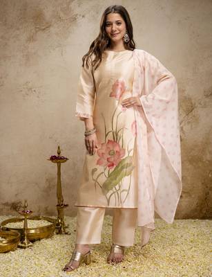 assam silk blend floral printed straight kurta pant set with dupatta 2