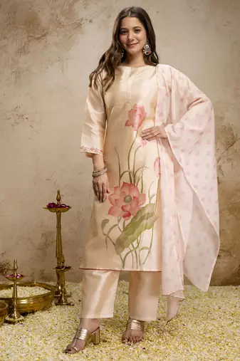 assam silk blend floral printed straight kurta pant set with dupatta
