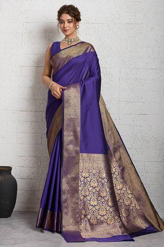 Royal blue woven, self design, embellished pure silk banarasi saree with blouse