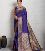 Royal blue woven, self design, embellished pure silk banarasi saree with blouse