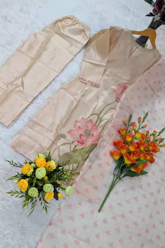 assam silk blend floral printed straight kurta pant set with dupatta
