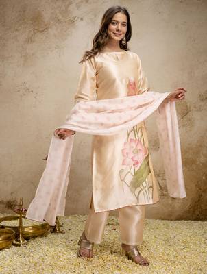 assam silk blend floral printed straight kurta pant set with dupatta 3