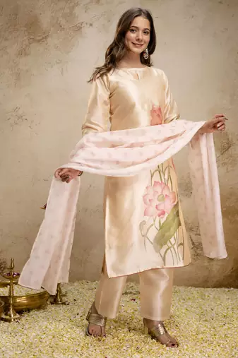 assam silk blend floral printed straight kurta pant set with dupatta