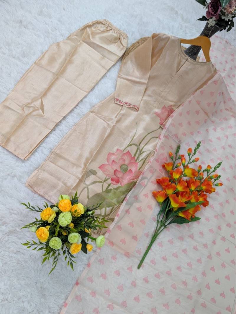 assam silk blend floral printed straight kurta pant set with dupatta