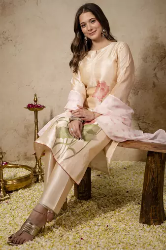 assam silk blend floral printed straight kurta pant set with dupatta